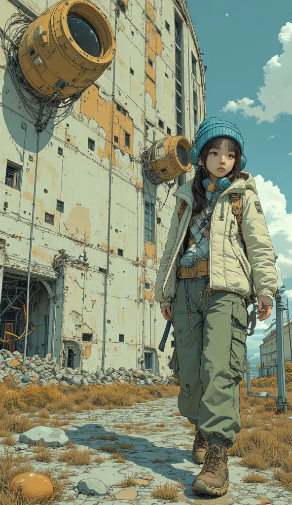  Surrealism  ,  artwork, 8K quality,  a cute high school girl exploring the wreckage of a huge spaceship 、 exterior wall, which has deteriorated drastically over time, is being lowered with a wire、 A high school girl wearing an off-white down jacket and lo...