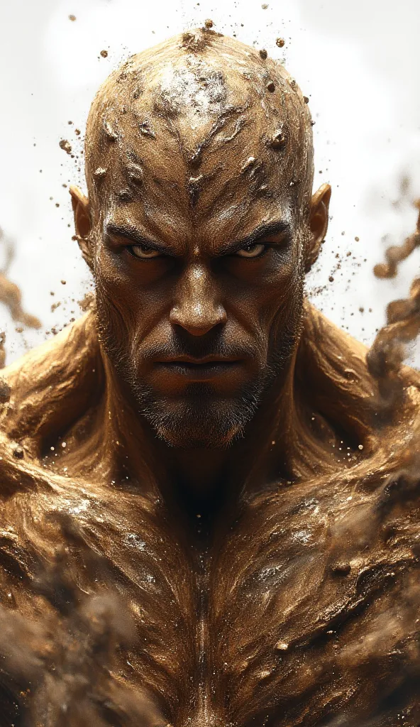 A hyper-realistic and intimidating portrait of Sandman, the formidable villain from Marvel Comics. Close-up staring in an intimidating way, exuding raw power and an almost uncontainable force. He is massive, his body composed entirely of shifting sand, for...