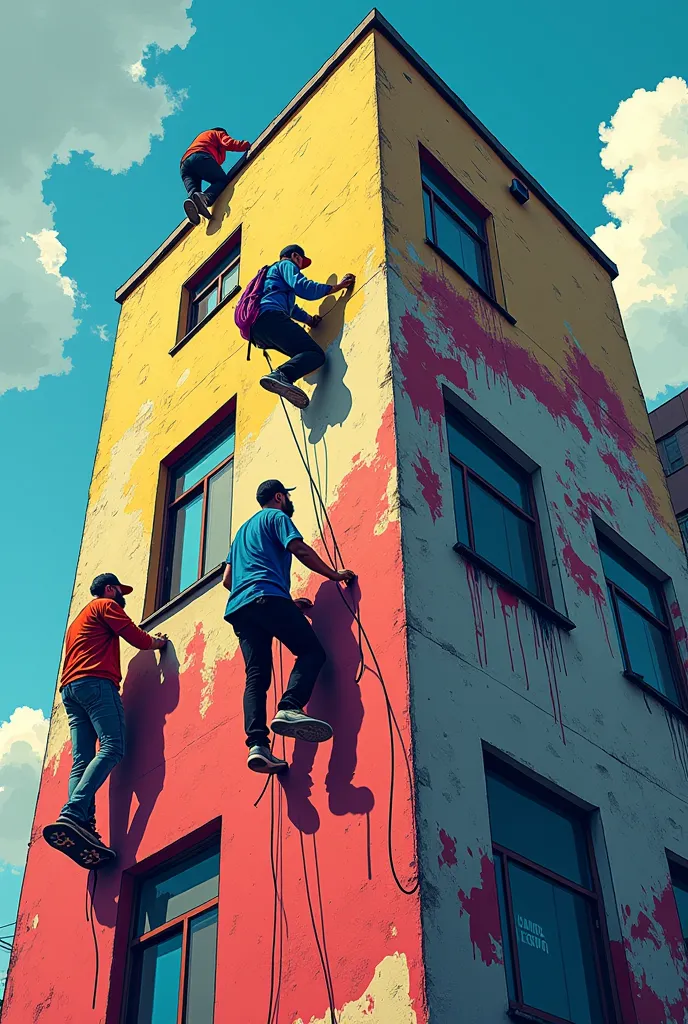 Draw a group of graffiti artists as characters from a cartoon, Going down a building,  big building , from the front, Paredão Largo ,  well-defined drawing , the graffiti artists are climbing down the building by rope and painting the art,a streetwear art ...