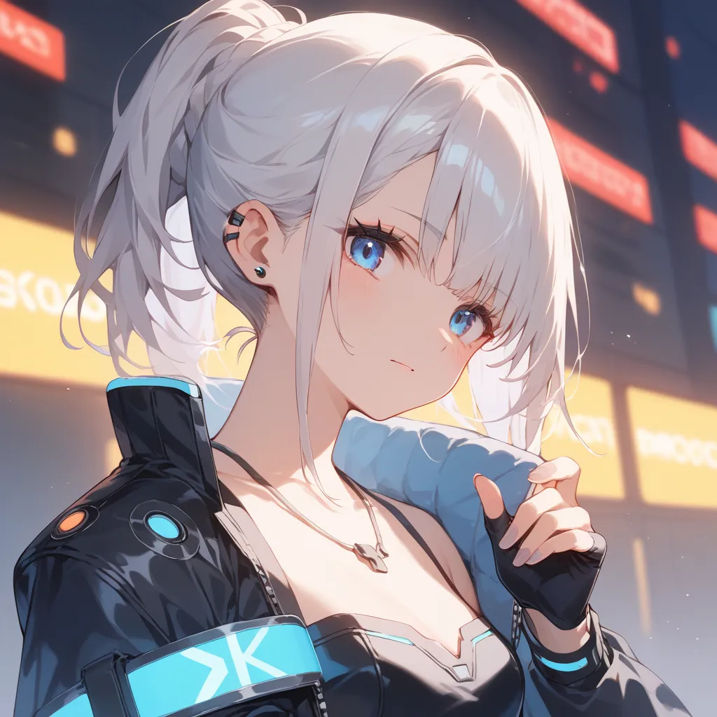 A stunning futuristic anime-style female character with a cyberpunk theme. She has long, flowing white hair and wears a sleek, high-tech bodysuit with glowing neon accents. She holds a sharp, futuristic samurai sword in one hand, exuding confidence and pow...