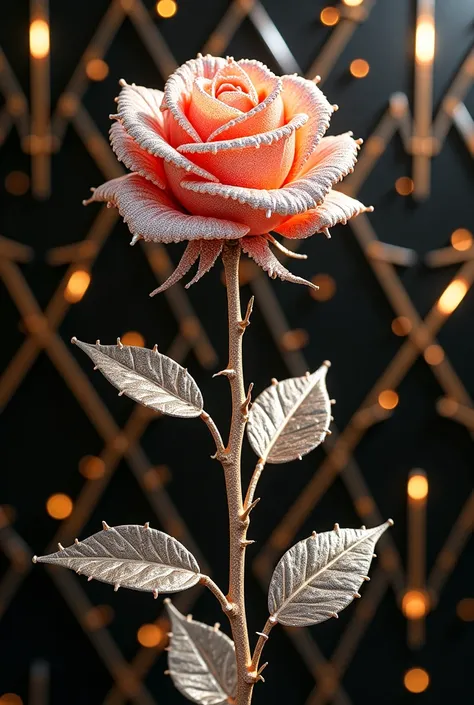 A diamond rosebush with thorns on the wall deftly depicts a black and gold background in diamonds and glass with molten gold 
