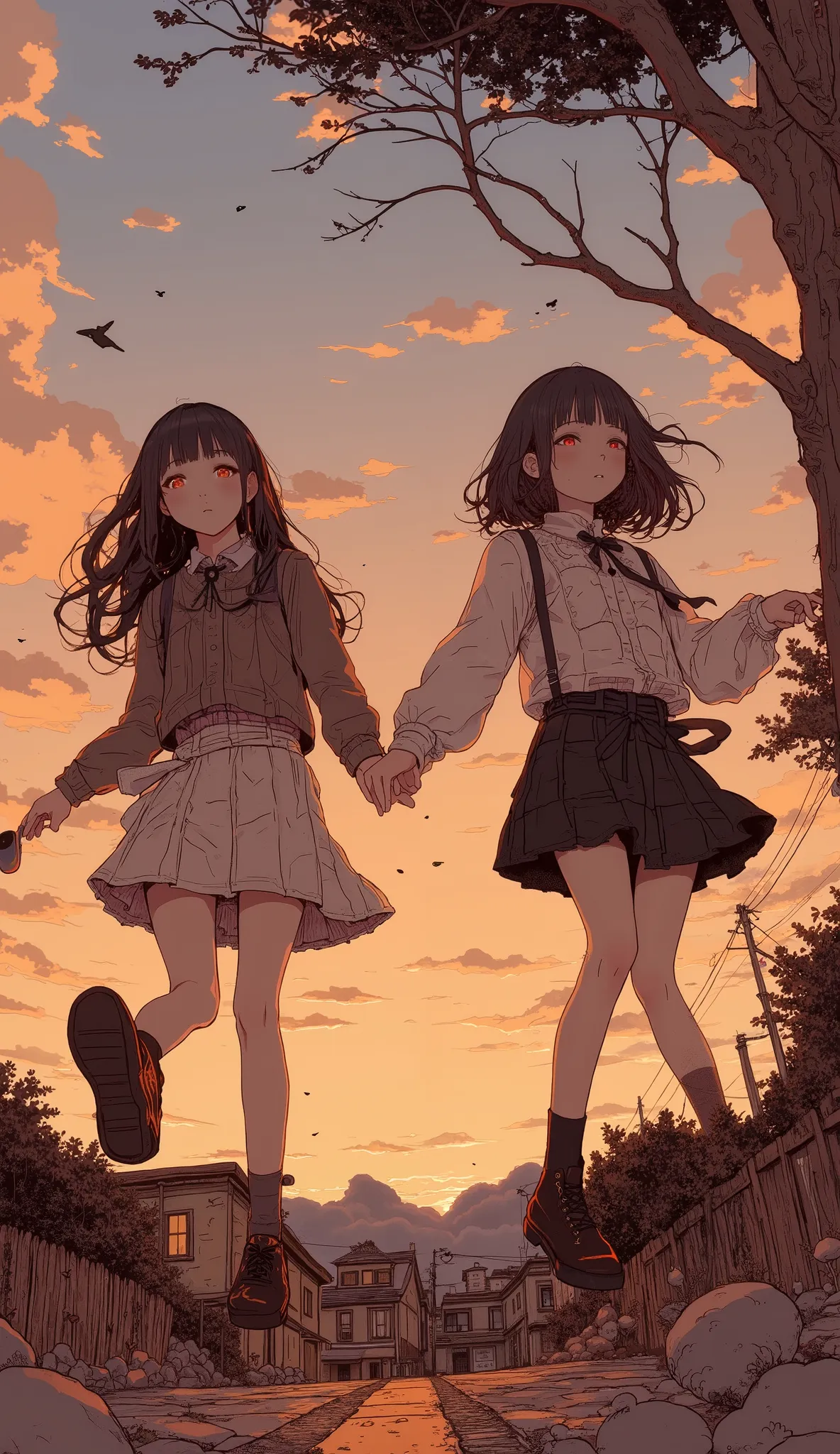  taken from below、fisheye lens、There are two high school girls running hand in hand, hood atmosphere, Easygoing, Hair Dances in the Wind ,Sunset、 backlit、through、silhouette、 Screaming girl　Euro - Aesthetic , Tumbler,  beautiful images of Ryoma, Run Free, 📷...