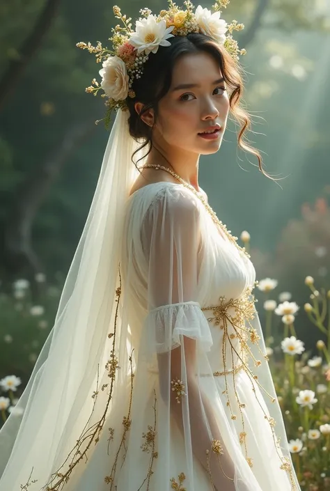 Create a white dress with a gold-colored outcome with a thin transparent layer with small flowers and roots with a wreath of flowers and pearls