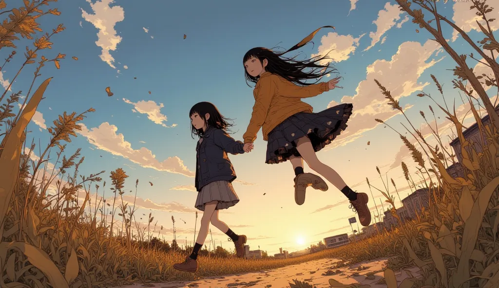  taken from below、fisheye lens、There are two high school girls running hand in hand, hood atmosphere, Easygoing, Hair Dances in the Wind ,Sunset、 backlit、through、silhouette、 Screaming girl　Euro - Aesthetic , Tumbler,  beautiful images of Ryoma, Run Free, 📷...