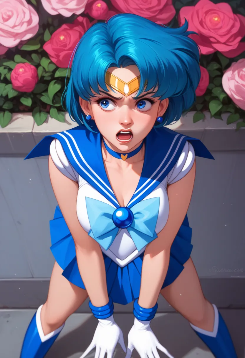 Sailor Mercury is under arrest、Broken and torn suit、 long white gloves、  short blue hair  、blue boots、  rosa 、chest strap