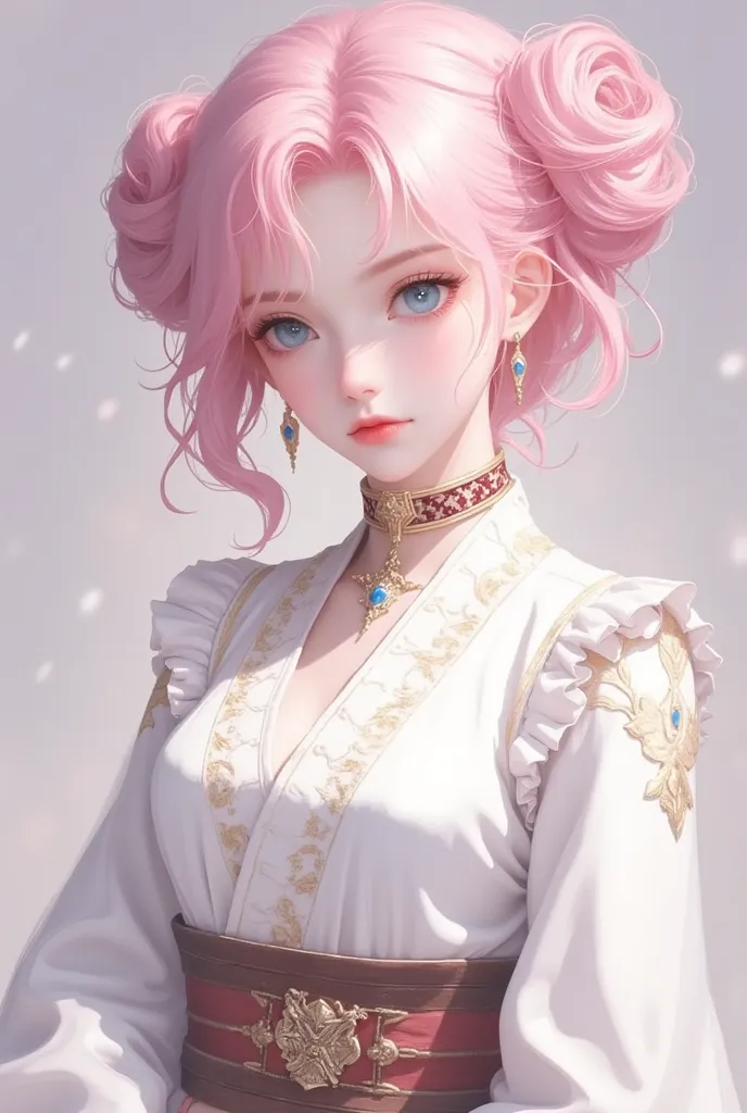 1 girl, pink hair with 2 buns low on sides, blue eyes, wearing white and dark brown clothes martial art style, absurdres, hightres, ultra sharp, 8k, masterpiece, looking at viewer, anime, face front towards viewer, fantasy background, no earrings