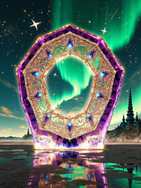 in the midst of the vastness, The scene is shrouded in soft otherworldly light, The glowing portal rises from the ground, Its hexagonal frame pulsates in intricate geometric patterns,captures light and creates a fascinating scene, Amethyst purple, and molt...