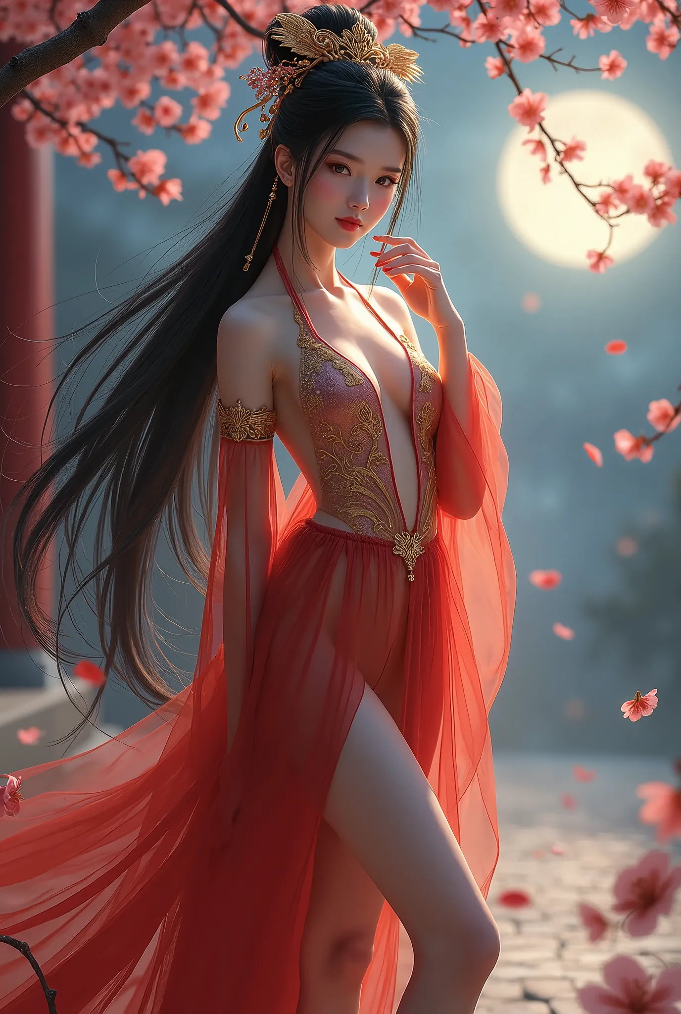 A breathtakingly beautiful Chinese woman inspired by Diao Chan from Romance of the Three Kingdoms. She has long, silky black hair adorned with delicate golden hairpins and a phoenix crown. Her alluring eyes and soft, porcelain skin exude elegance and myste...