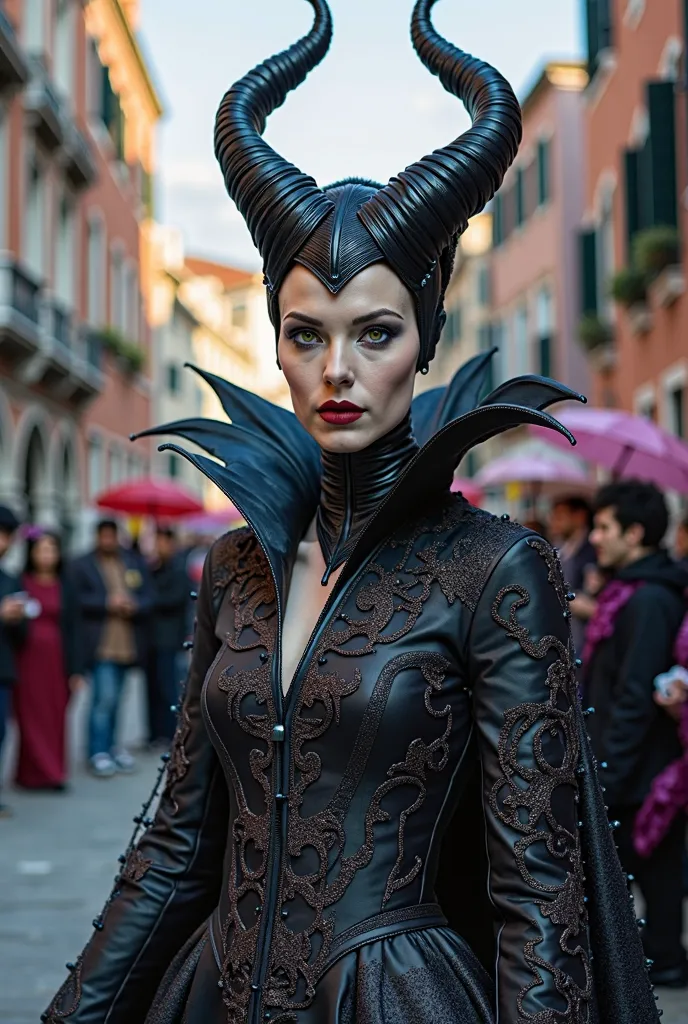 To the Disney character of Maleficent, but as if it were a typical costume from the Venice carnival