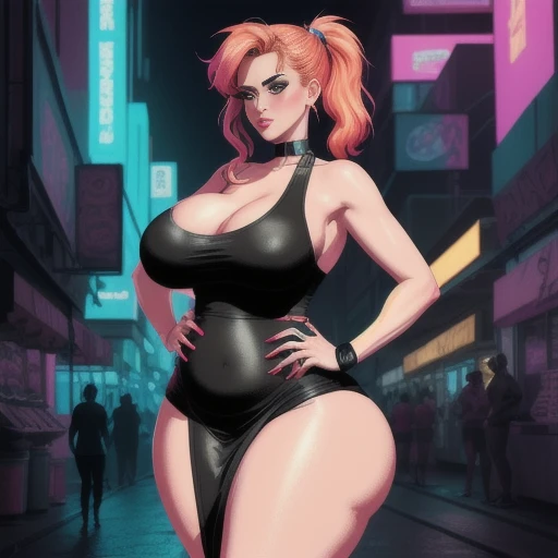 Three-quarter view in an amorous pose, libidinous posture, a seductive ginger coquette, fair skin, fair hair, big boobs, ((sagging boobs)), cellulite, huge thighs, wide hips, full buttocks, narrow waist, (((matronly))), (wearing a mini-dress), vector art, ...