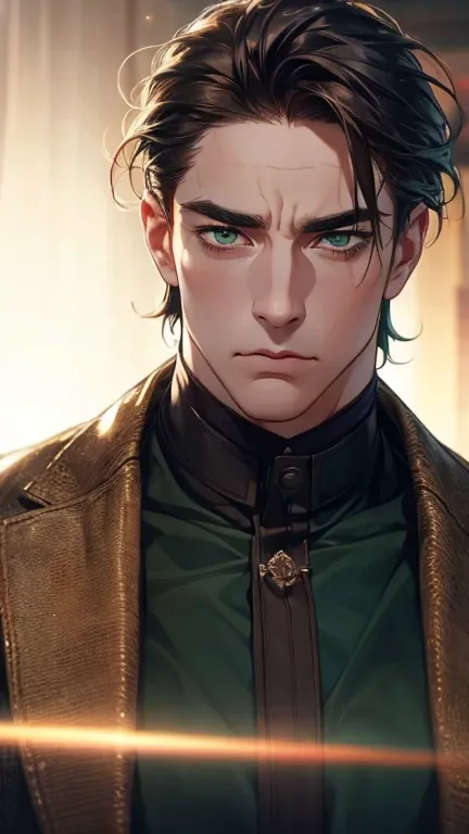 (  better quality,4K,8k,   highres,  masterpiece :1.2),  breasts  ,(Realistic,photoRealistic,photo-Realistic:1.37),36-year-old man,3 day beard,Beautiful anime,Portraits,strong,masculine,    with dark hair  ,sharp jaw,     mesmerizing green eyes   ,    perf...