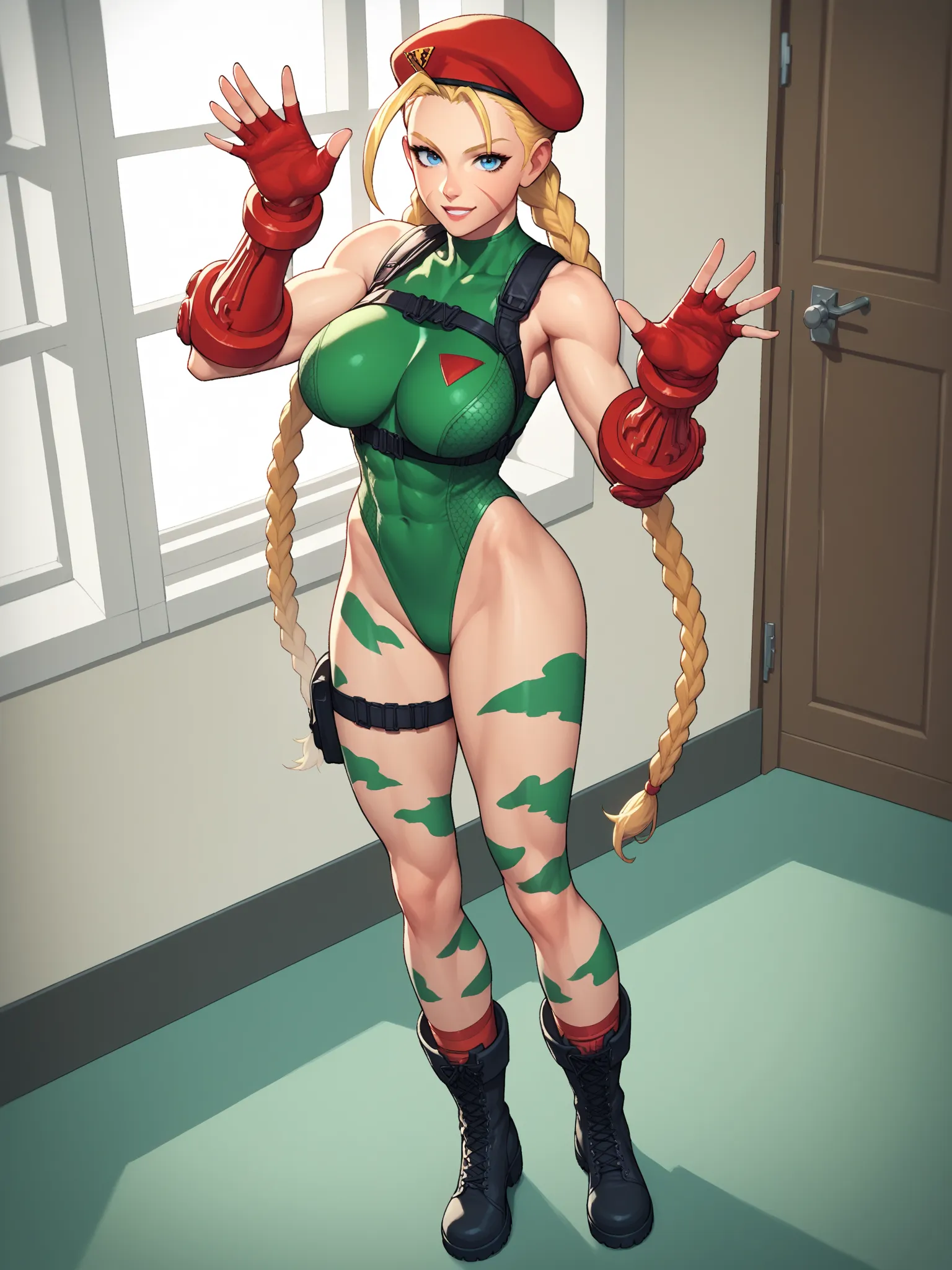 score_9, score_8_up, score_7_up, score_6_up, source_anime, BREAK, CammyWhiteSFXL, scar on cheek, blue eyes, blonde hair, long hair, twin braids, antenna hair, camouflage, red beret, large breasts, bare shoulders, green leotard, black harness, red gloves, f...