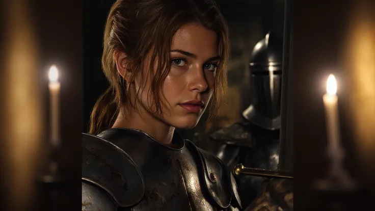 Prompt:
“No , helmet.A fierce female warrior with wet, battle-worn hair, her face glistening with sweat. She wears detailed steel armor with scratches and dents, showing signs of battle. Her piercing eyes show determination as she grips a sharp sword. The ...