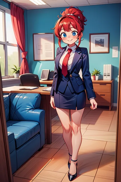 (masterpiece, best quality), 1girl, dark blue marine formal full suit, red tie, black formal shoes, red hair, two ponytails, cute face, blue eyes, standing, indoor, intricate detail, sunlight, in work office, smile, blush, coquette, gorgeous legs, mature b...