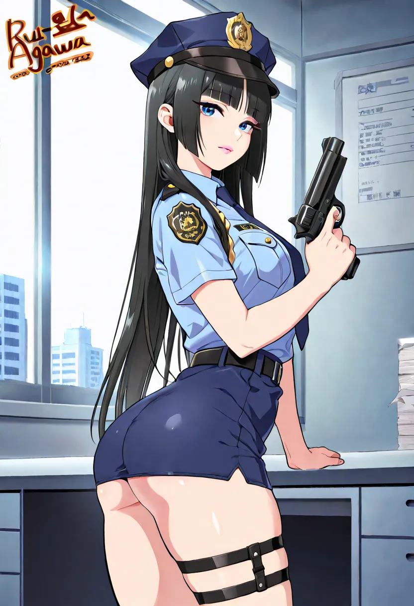 1girl, solo, masterpiece, best quality, (anime art style:1.0), long black hair, straight hair, long eyelashes, fair skin, Asian girl,  policewoman, ruanyi0828, policewoman,thigh strap, sexy, holding a pistol in her hand, soft pink lips, cute girl, blue eye...