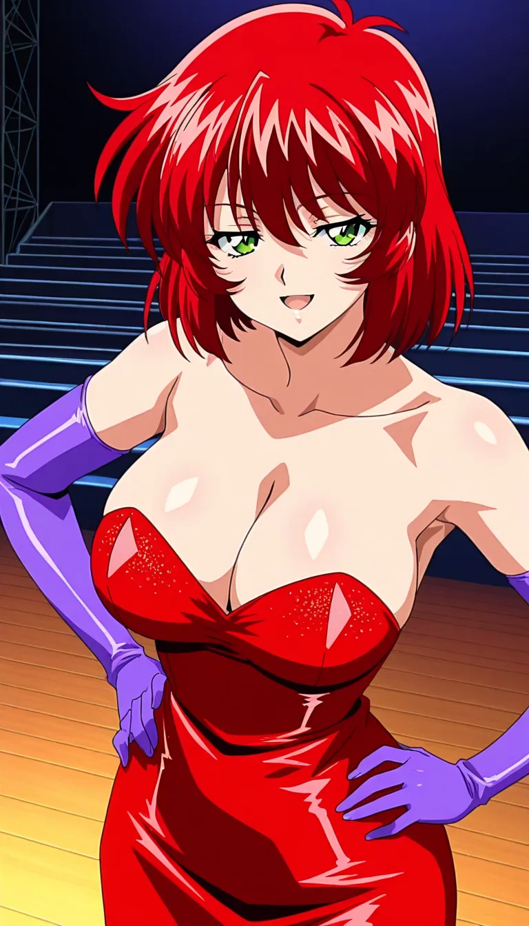 anime screencap, masterpiece, best quality, amazing quality, very aesthetic, absurdres, newest, official style, dna_hunter_mai, 1girl, solo, red hair, short hair, green eyes, collarbone, cleavage, upper body, looking at viewer, bare shoulders, smile, half ...