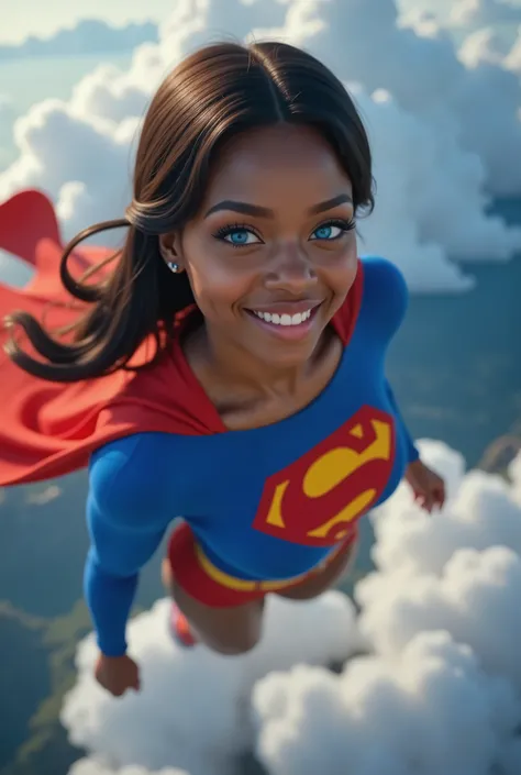 SOARING IN OUTER SPACE. A SEXY BLACK AFRICAN 17-YEAR-OLD FEMALE COSPLAYER WITH big BLUE EYES **"FULL ENTIE BODY STANDING POV OF A stunning, highly detailed, and ultra-realistic portrait of a SEXY BLUE EYED I GIRL, proudly wearing the iconic RETRO 1980 SUPE...