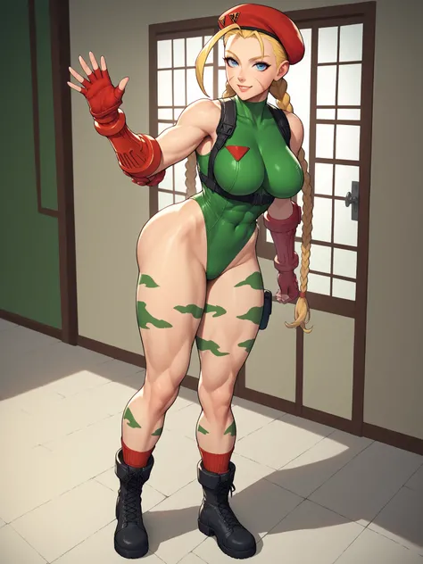 score_9, score_8_up, score_7_up, score_6_up, source_anime, BREAK, CammyWhiteSFXL, scar on cheek, blue eyes, blonde hair, long hair, twin braids, antenna hair, camouflage, red beret, large breasts, bare shoulders, green leotard, black harness, red gloves, f...