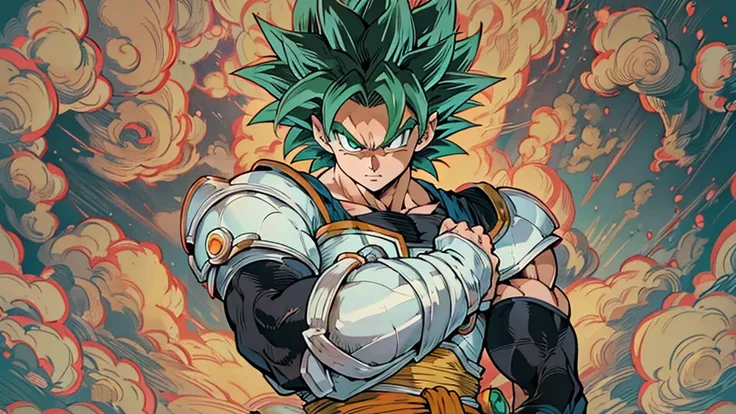 a close up of a person standing with their arms crossed, saiyan armor, akira toriyama style, from bravely default ii, entire character!, dragon ball z style, broly, new character, zoomed out full body, entire character, human goku, in jojo\'s bizarre adven...