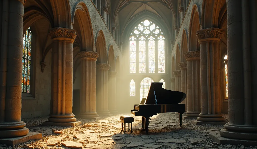 A grand piano inside a ruined Gothic cathedral, with heavenly light streaming through broken stained glass windows. The scene conveys a sacred peace, with the imaginary sound of music filling the environment with harmony.