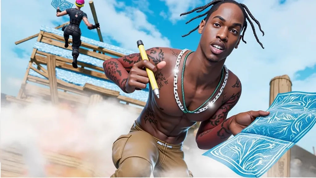 Develop a thumbnail that indicates an unconstructed shooting map in Fortnite based on the reference I sent using the character Travis Scott