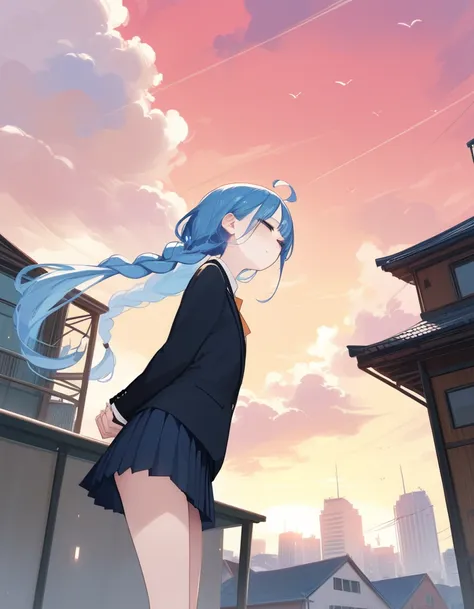 score_9,score_8_up,score_7_up,score_6_up, hadrian, hd5,ama_mitsuki,1 thin/ skinny/ very long hair/ (pale skin)/ body blush/  student age,ahoge,braid,blue hair,  roof,school,cityscape, horizon,cloudy sky, small hair,from below,pleated skirt, light smile, ar...