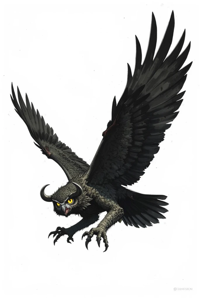 illustration, horned owl flying, full body, diving, aerobatic pose, evil, dark, side view, white background