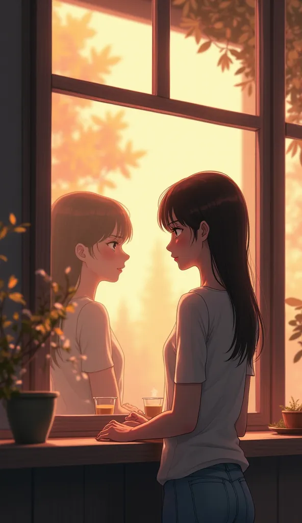 A poignant anime-style illustration of a 25-year-old woman standing before a large window in a cozy café. Her deep, reflective eyes catch a fleeting reflection of her younger self, merging past memories with new emotions. Soft, warm indoor lighting and gen...