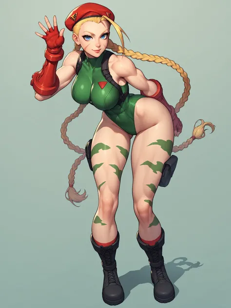 score_9, score_8_up, score_7_up, score_6_up, source_anime, BREAK, CammyWhiteSFXL, scar on cheek, blue eyes, blonde hair, long hair, twin braids, antenna hair, camouflage, red beret, large breasts, bare shoulders, green leotard, black harness, red gloves, f...