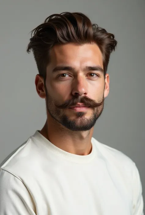 A man with a nice brown mustache with a well-groomed beard with beautiful hair with a white sweatshirt 