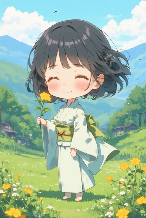 close up face, chibi, deformed, sad smile, embarrassed, medieval Japan, In a quiet mountain village, a girl dressed in a simple kimono stands holding a yamabuki (Japanese rose) flower. Her kimono is plain yet elegant, blending seamlessly into the natural s...