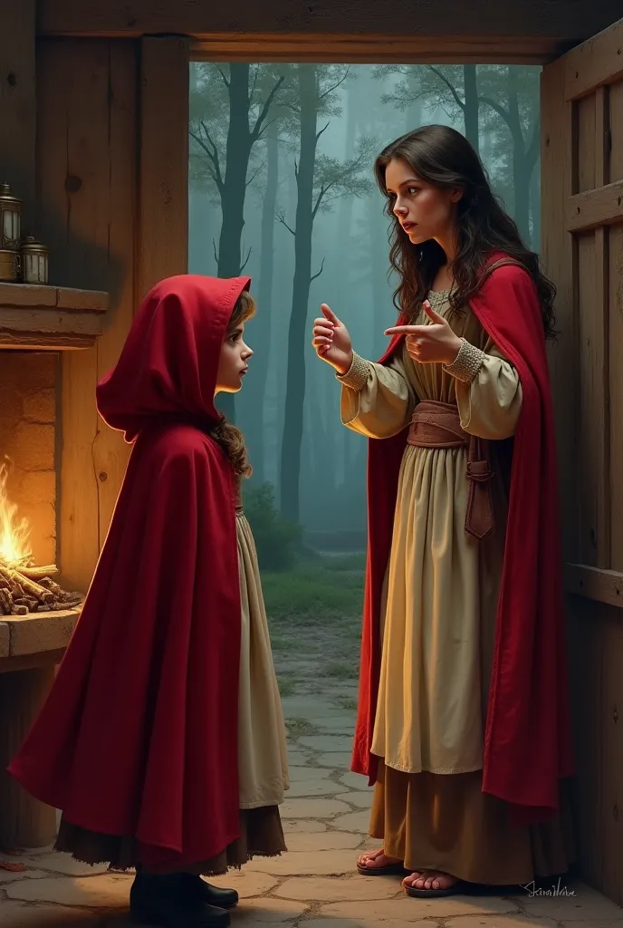 Little Red Riding Hood's mother warning her.