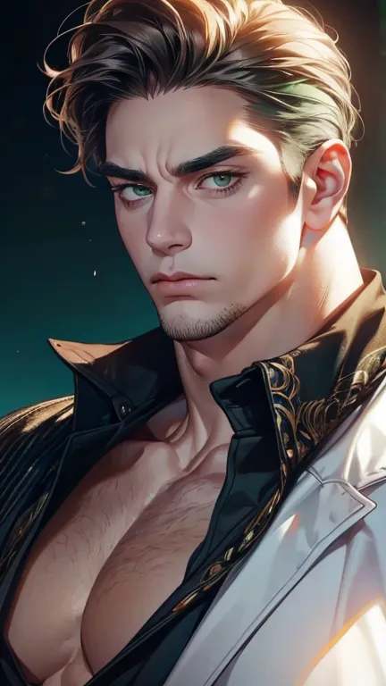 (  better quality,4K,8k,   highres,  masterpiece :1.2),  breasts  ,(Realistic,photoRealistic,photo-Realistic:1.37),36-year-old man,3 day beard,Beautiful anime,Portraits,strong,masculine,    with dark hair  ,sharp jaw,     mesmerizing green eyes   ,    perf...