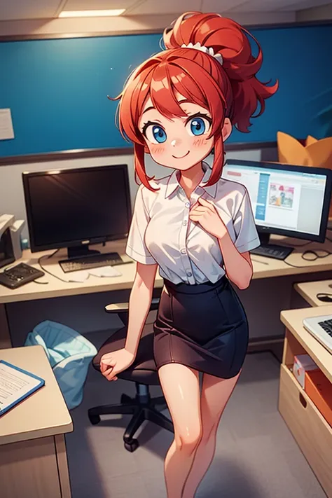 (masterpiece, best quality), 1girl, office outfit, red hair, two ponytails, cute face, blue eyes, standing, indoors, in a office, smile, blush, coquette, gorgeous legs, mature body, lovely, gorgeous body, pronounced breasts.
