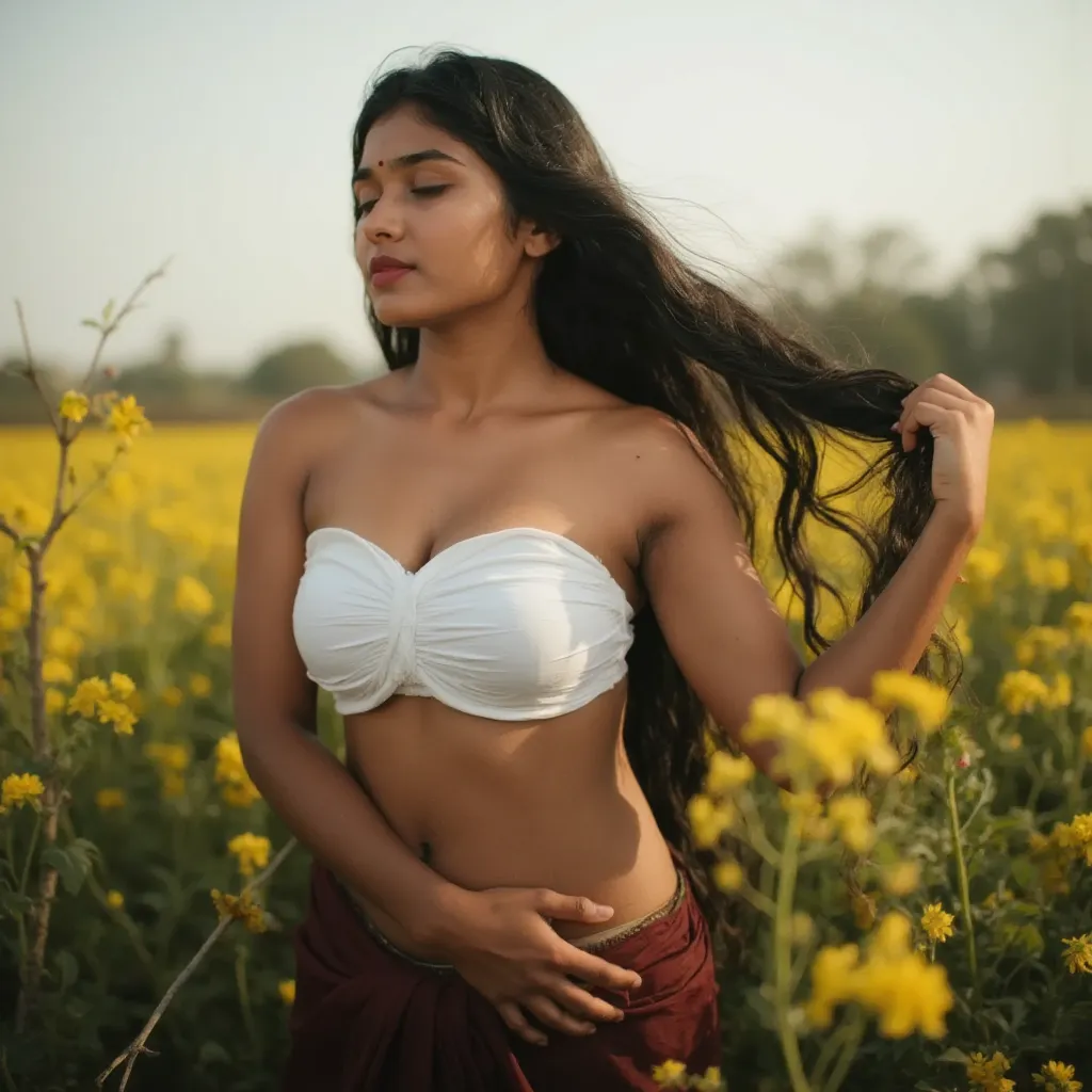 Bright sunlight on one side, hair flowing in one side in gentle breeze, Indian girl wearing white strapless twisted mini tube bandeau in mustard flower field, leaning on her left, mustard flowers, dead tree branches, clear sky, shiny olied skin, sweaty ski...