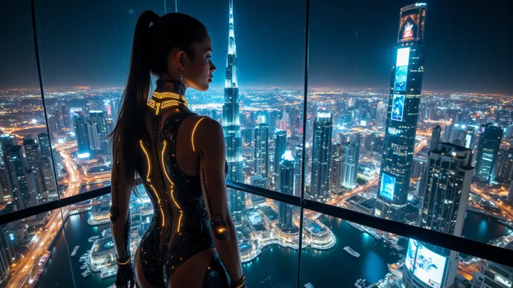 A breathtaking woman with sleek, cybernetically enhanced features stands on the edge of a glass sky terrace, overlooking the glowing skyline of Cyber-Dubai. Her fitted, semi-transparent bodysuit shimmers with nano-lights, adapting to the neon reflections o...