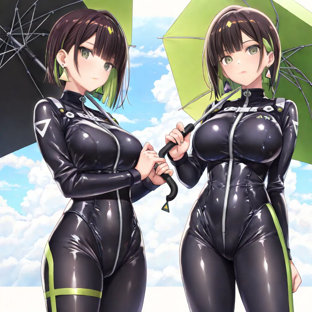 masterpiece, (((( Best Quality )))), 1 woman with an umbrella,  Japanese Anime ,Character Description ,shiny skin, Wearing a black pilot costume, dark hair,  Short Bob Hair ,The inner color of the hair is green, green eyes,Equilateral Triangle Earrings, Bl...