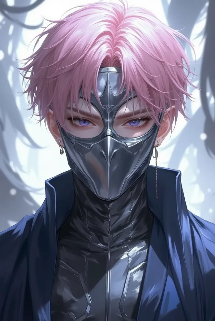 1 boy, short pink hair, wearing silver mask covering whole face and eyes, wearing dark blue and silver robes martial art style, absurdres, hightres, ultra sharp, 8k, masterpiece, looking at viewer, anime, face front towards viewer, fantasy background, no e...