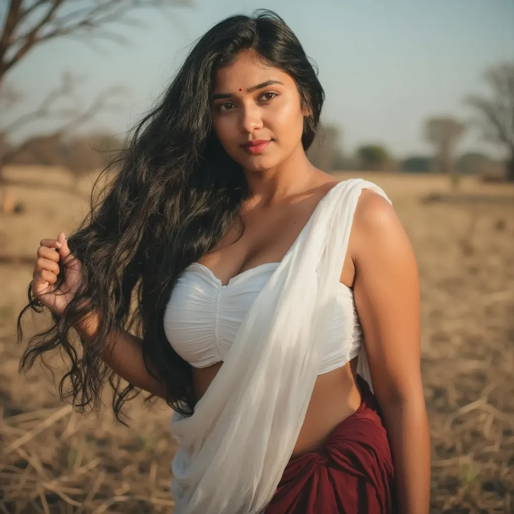 Bright sunlight on one side, hair flowing in one side in gentle breeze, Indian girl wearing white strapless twisted mini tube bandeau in dry savana grass field, leaning down sideways, dead tree branches, clear sky, shiny olied skin, sweaty skin, chubby che...