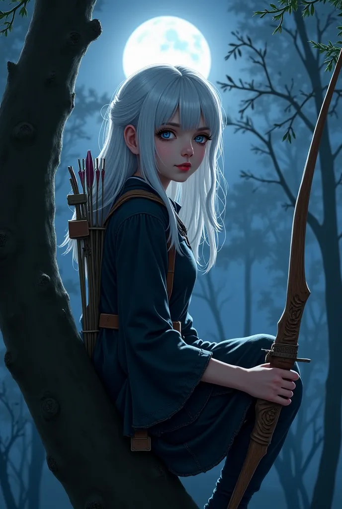  A  girl, Serena and Serena, white, suave, Silver hair like the full moon, silver-colored eyes with a pupil star, mounted on top of a tree in a forest at night with moonlight, with an arrow and bow, black shirt with broken features