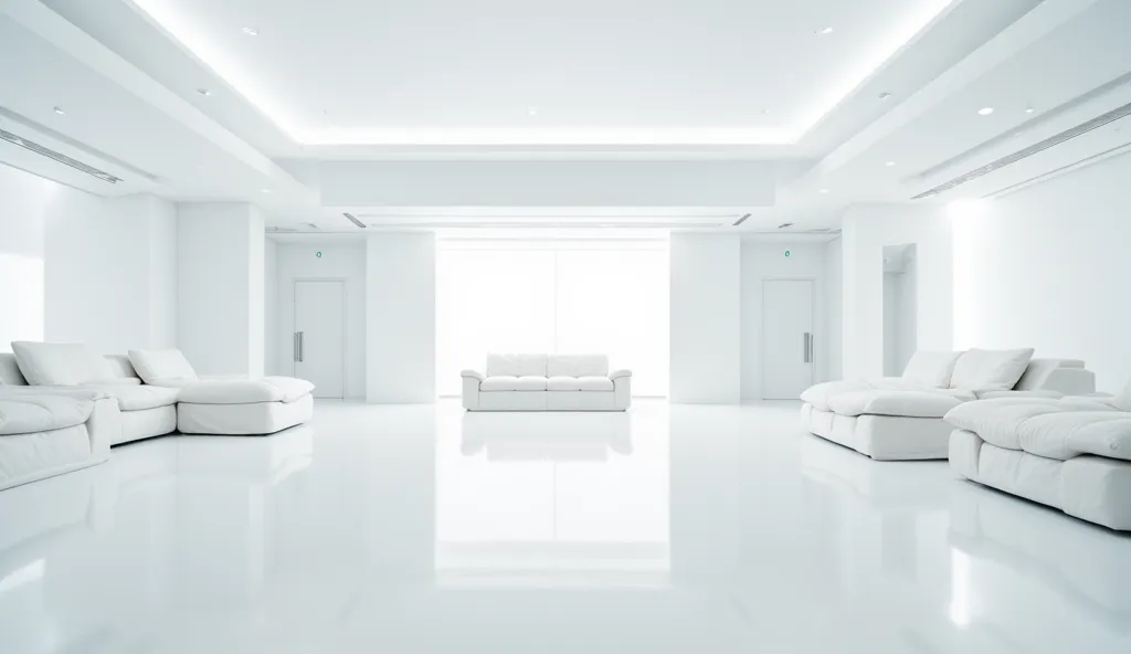 A large, ultra-modern all-white room with a sleek, minimalistic aesthetic. The space is expansive with high ceilings, creating an open and luxurious atmosphere. Pristine white walls, floor, and ceiling create a seamless, clean environment. Elegant, contemp...