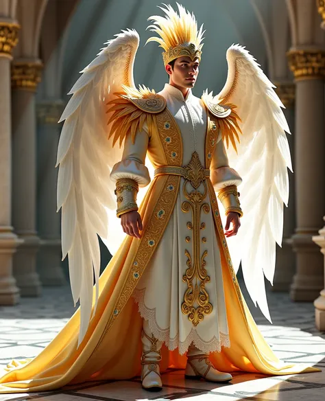 Make me a venetian costume for men in gold and white, that has a headdress with feathers and large wings. That the image is full body