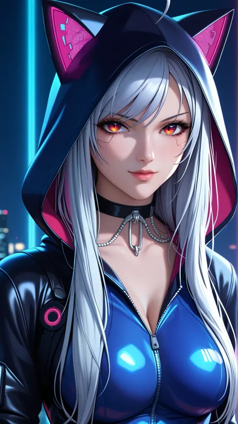 vampire moka akashiya, long hair, red eyes, ahoge, white hair, large breasts,black theme, cyberpunk-themed outfit with cat-ear hooded bodysuit, closed-fitting sleek black and neon blue bodysuit hoodie with glossy metallic texture, black fullbody cat-suits,...