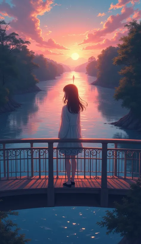 A beautifully atmospheric anime-style illustration of a 24-year-old woman standing on a bridge overlooking a sparkling river at twilight. In the distance, a faint silhouette of a man is seen walking. The scene symbolizes the intertwined journey of their pa...