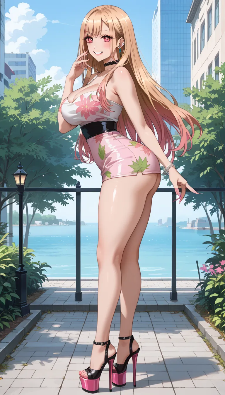 KJOmarin, blonde hair, long hair, pink eyes, earrings, ear piercing, multicolored hair, score_9, score_8_up, score_7_up, source_anime, ((masterpiece, high resolution, better quality, better details)), ((Marin Kitagawa)), ((Smiling)), a woman, urban park la...