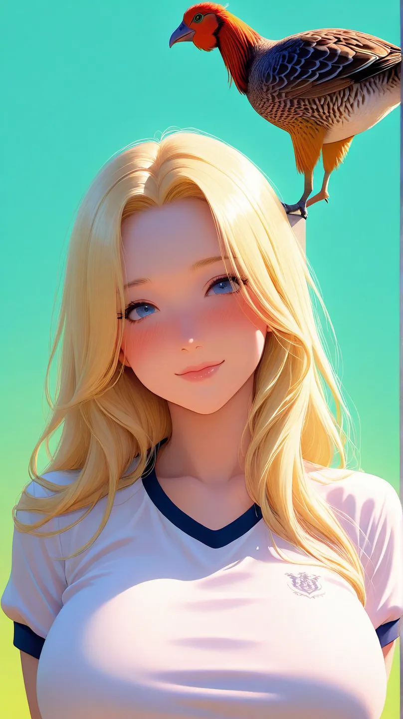  High School Girls, Big Breasts, long blonde hair, blue eyes,  Gym Clothes,  On my face, pheasant，very detailed,  great work，vitreous luster ,(( clean background))，green，(((  Yellow)))，blue，Pink color，top quality and best， clean background。Goth,  Shiny Ski...