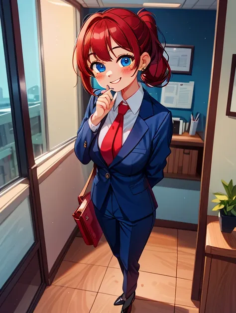 (masterpiece, best quality), 1girl, dark blue marine formal full suit, red tie, dark blue marine formal pants, black formal shoes, red hair, two ponytails, cute face, blue eyes, standing, indoors, intricate detail, in work office, smile, blush, coquette, g...