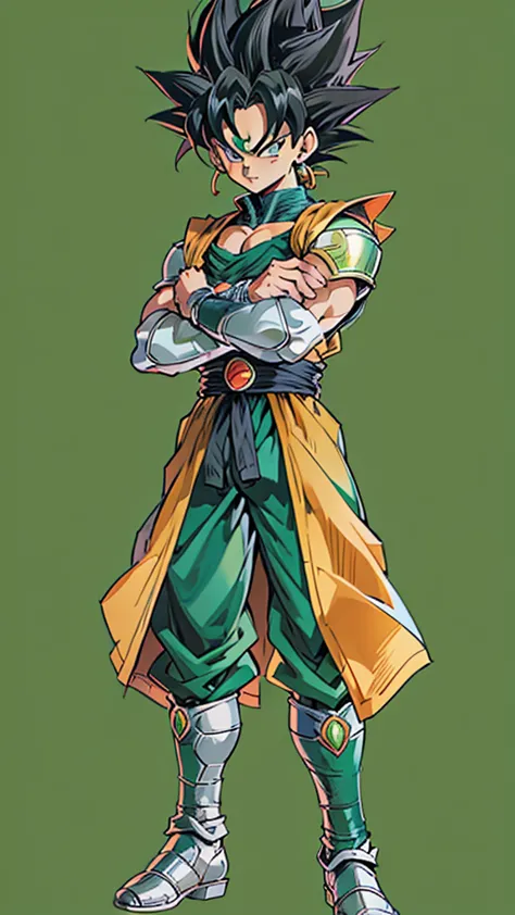 a close up of a person standing with their arms crossed, saiyan armor, akira toriyama style, from bravely default ii, entire character!, dragon ball z style, broly, new character, zoomed out full body, entire character, human saiyajin, in jojo\'s bizarre a...