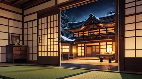 anime style、 Scenery、indoors、Indoor、room、Mansion、Japan家屋、Big House、Wooden house、hearth、fireplace、Fur rugs、 traditional 、Traditional Crafts、hunting tribe、Hunter's House、Mountain hut、Tohoku region 、snow、Japan、北Japan、snow国、Northland、Northern Europe、Northern E...