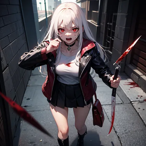 Looking down in a dark alley in the middle of the night with a bloody knife and blood on his cheeks with a scary expression, A tall female assassin with long white hair and sharp red eyes wearing a black leather jacket and leather skirt over a white t-shir...